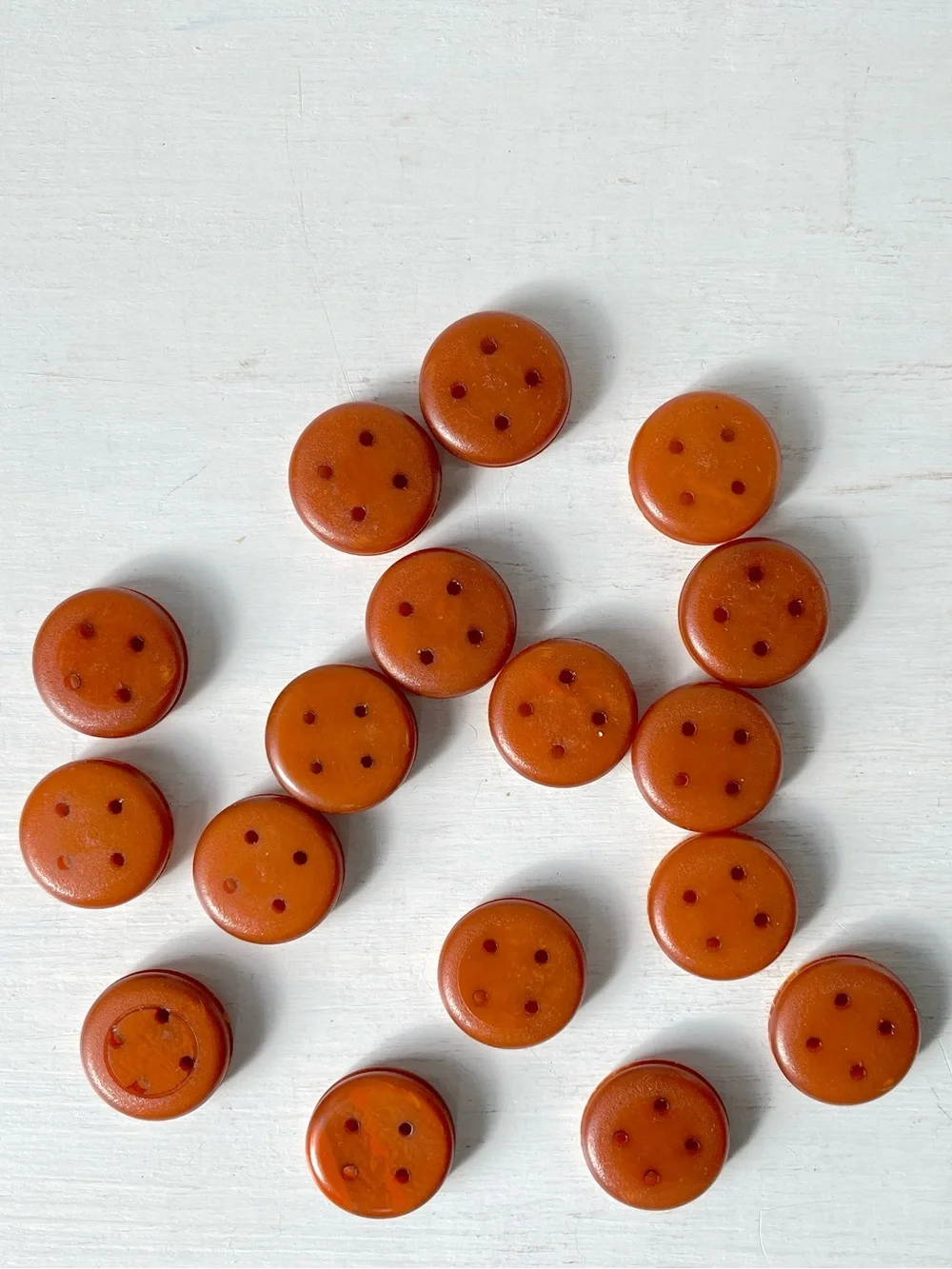 17 Unusual Vintage Sanded Round Plastic 4 hole Buttons w Groove Pumpkin Orange